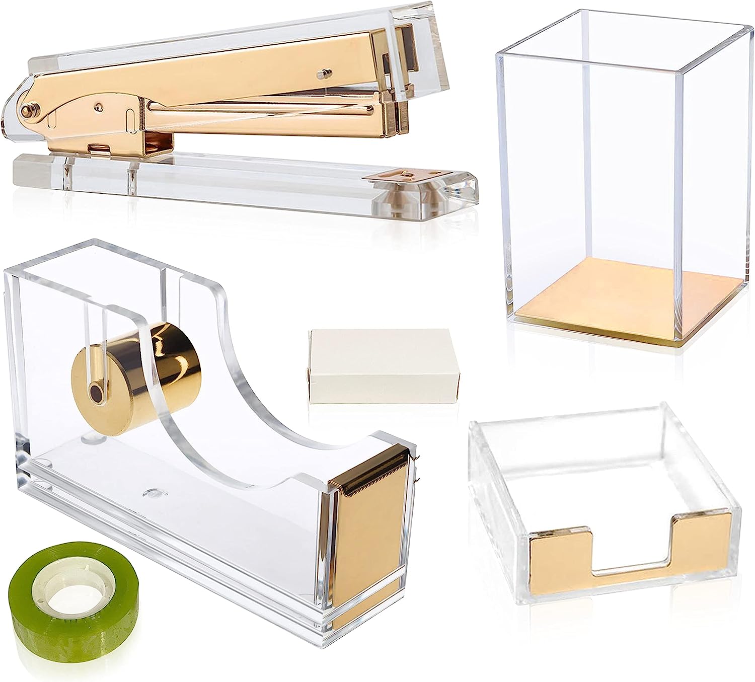 230816082146810_1 Varuni- Gold Desk Accessories- Office Accessories -Gift Set- Heavy Duty Stapler, Pen Organizer, Tape Dispenser Desk, Clear Sticky Notes- Including Clear Tape and 1000 Staples- Acrylic Desk - Image 1